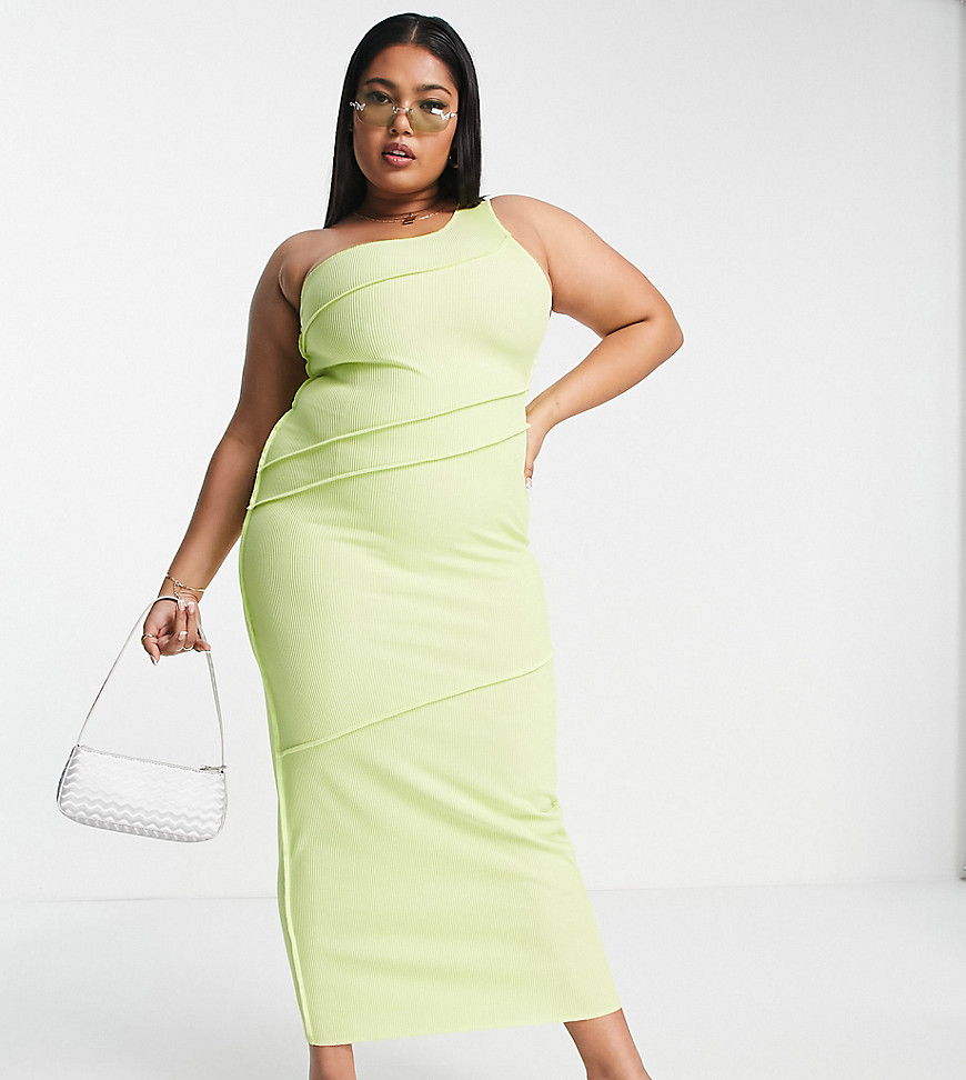 Plus exposed seam one shoulder midi dress in lime-Green