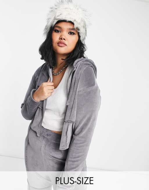 COLLUSION Plus exposed seam velvet zip hoodie in gray