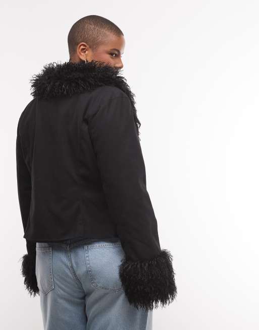 COLLUSION Plus faux fur trim Afghan jacket in black, 3 of 4