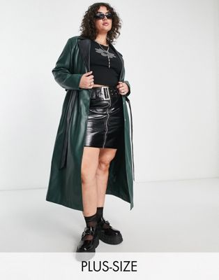 COLLUSION Plus faux leather trench coat in dark green with black details