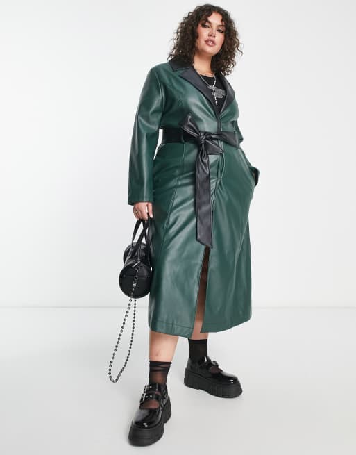 Pull&Bear belted faux leather trench coat in khaki