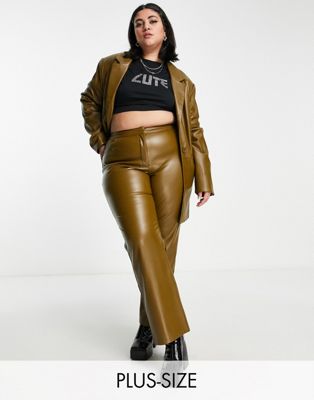 COLLUSION Plus faux leather trouser co-ord in olive green