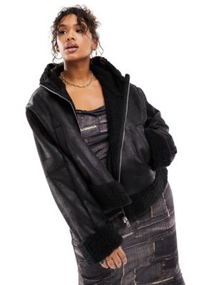 Collusion Plus Faux Suede Aviator Jacket With Shearling Trims In Black-neutral