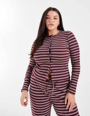 Collusion COLLUSION PLUS fitted rib cardigan in maroon stripe co-ord-Multi
