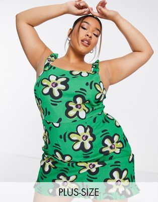 Collusion Plus Floral Frill Detail Mini Dress In Green