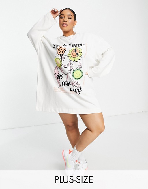 COLLUSION Plus floral graphic long sleeve t-shirt dress in ecru