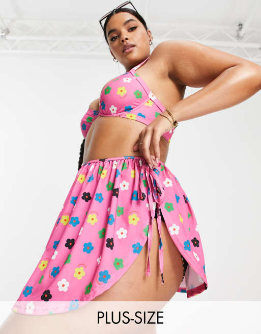 COLLUSION Plus floral print swim skirt in pink PINK