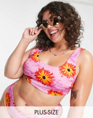 Plus flower print reversible bikini crop top in multi