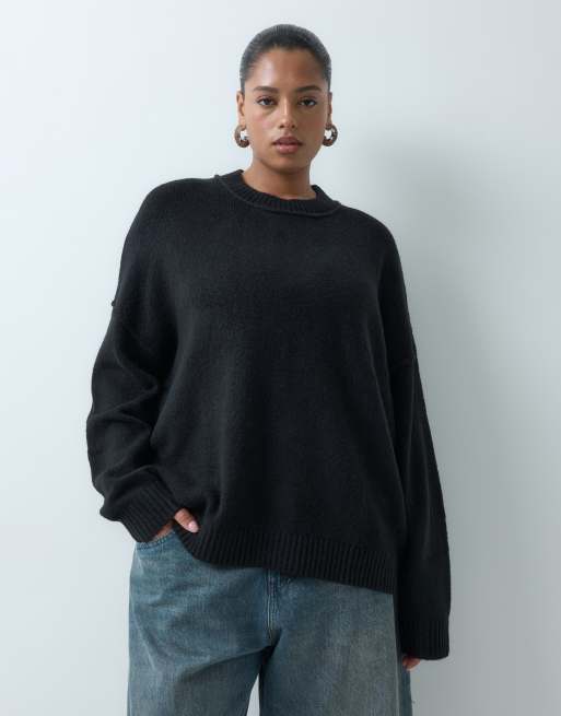 COLLUSION plus fluffy crew neck jumper in black, 2 of 5