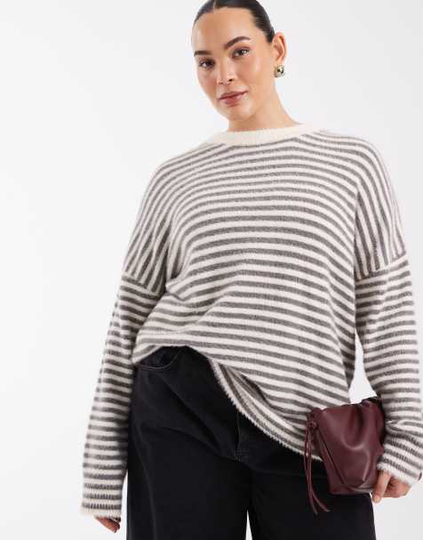 COLLUSION PLUS fluffy oversized stripe jumper in grey - view 1