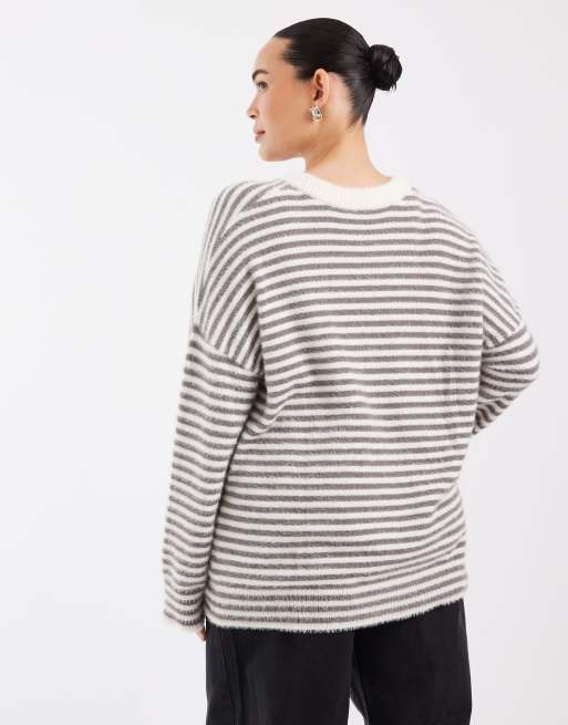 COLLUSION PLUS fluffy oversized stripe jumper in grey, 3 of 4