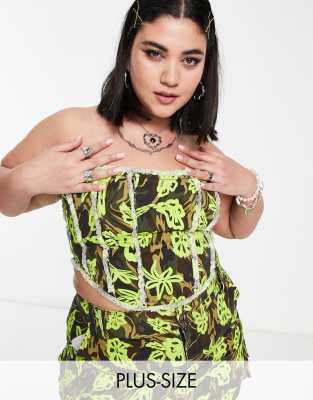 Collusion Frayed Edge Corset Top In Floral Camo - Part Of A Set-multi