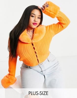 COLLUSION Plus fur trim cardigan in bright orange