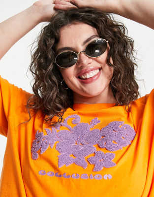 Collusion Fuzzy Embroidered Hawaiian Print Boxy T-shirt In Orange In Orange