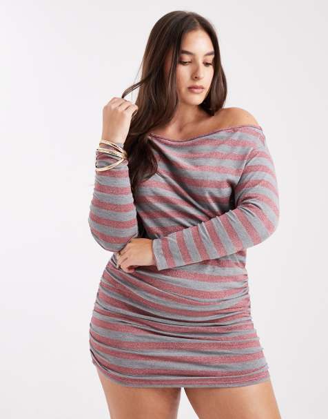 COLLUSION - Plus - Gestreepte jurk met blote schouders en glitter in roze - view 1