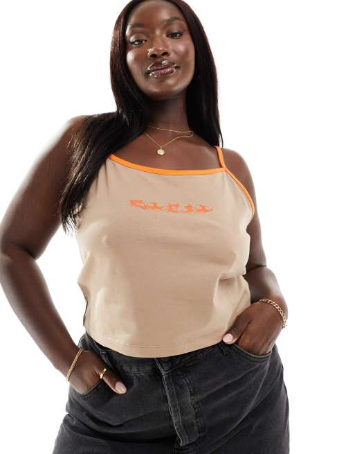 COLLUSION Plus graphic square neck ribbed cami top in brown