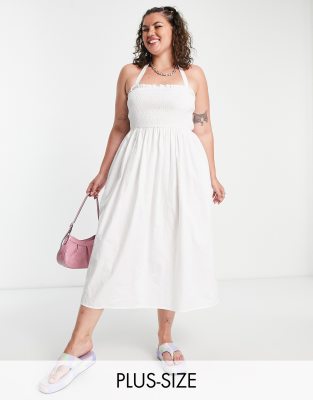 COLLUSION Plus halterneck shirred detail broderie midi dress in white  - ASOS Price Checker