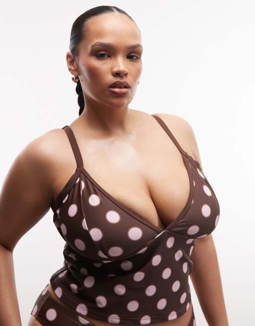 Collusion Plus - Haut de bikini coupe tankini à pois flous - Marron, 2 de 4