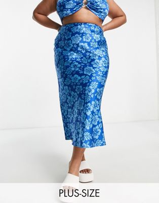 COLLUSION Plus hawaiian print satin slip maxi skirt in blue co-ord