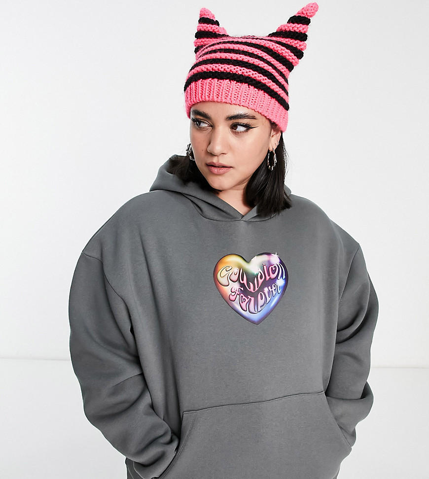 COLLUSION Plus heart print oversized hoodie in gray