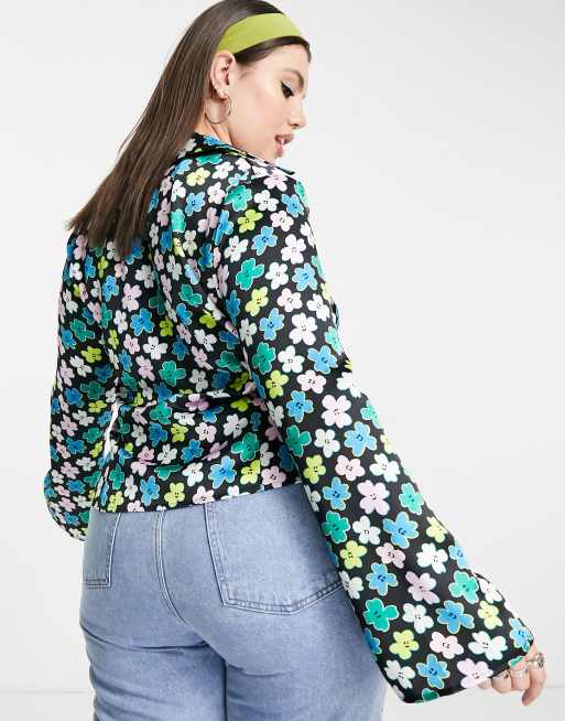 COLLUSION Plus – Hemdbluse aus Satin mit Blumenmuster und Volantärmeln, Kombiteil, 2 von 4