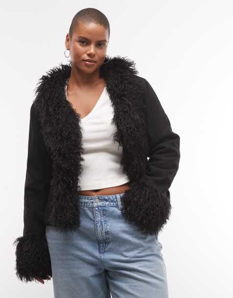 COLLUSION Plus Jacke mit faux-fur-Besatz im Afghan-Stil in Schwarz - view 1