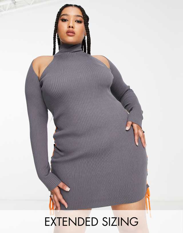 COLLUSION Plus knit body-conscious dress with lace-up details in charcoal with orange