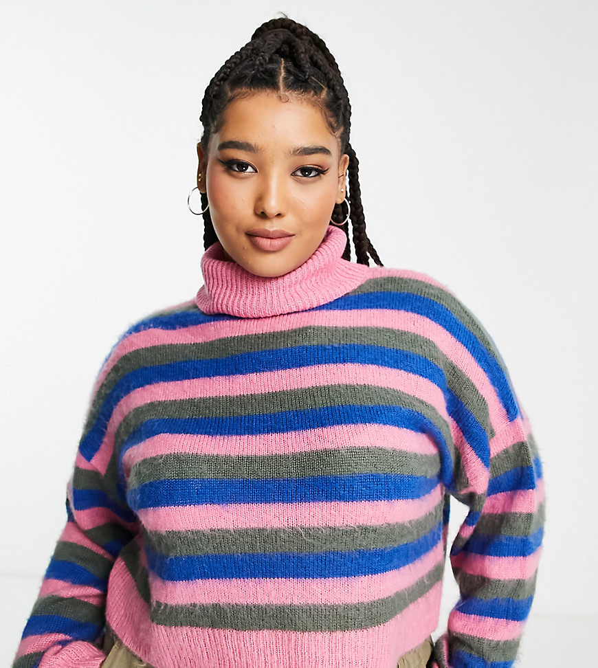 COLLUSION Plus knit roll neck cropped sweater in striped print-Multi