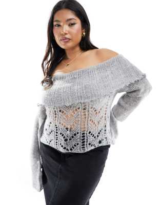 COLLUSION Plus knitted bardot jumper in grey (part of a set)