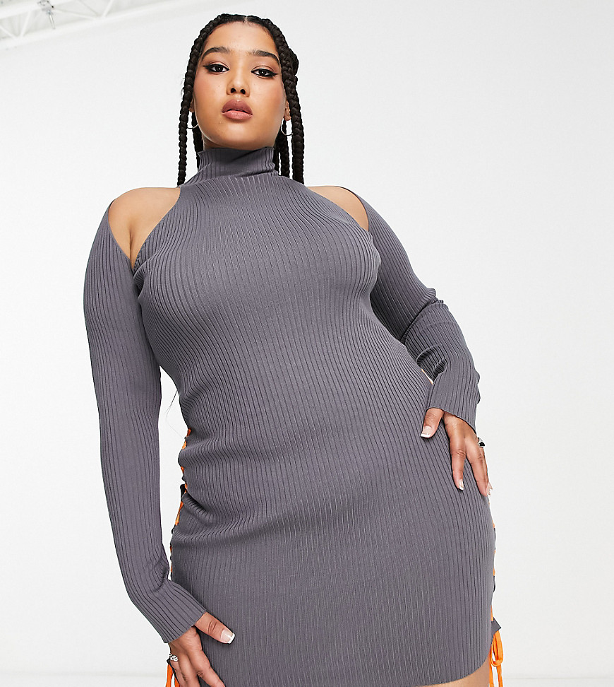 Collusion Plus Knitted Bodycon Dress With Lace Up Details In Charcoal With Orange Details-Neutral