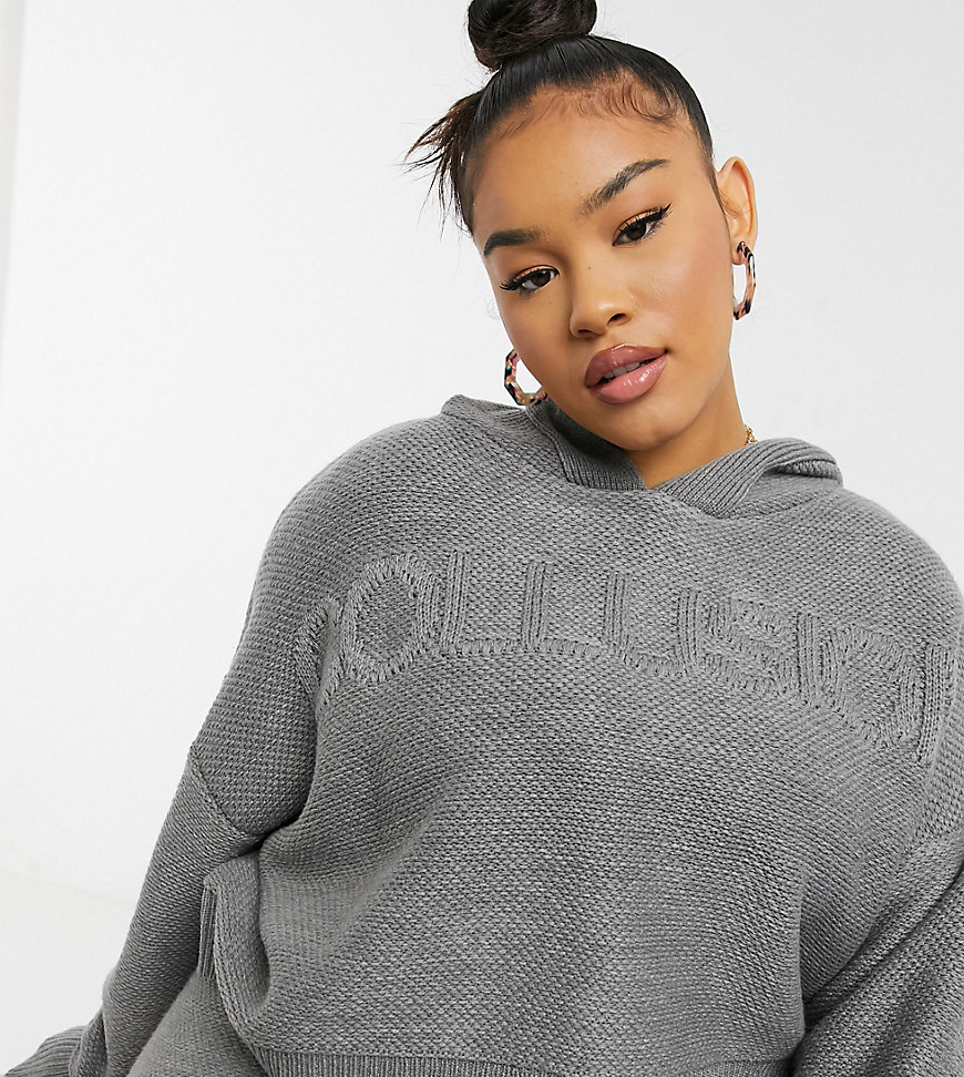 COLLUSION Plus knitted hoodie co-ord with embossed logo in grey