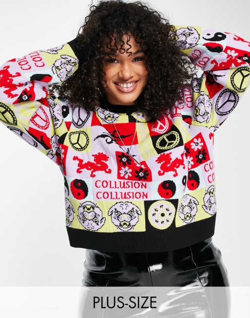 COLLUSION Plus knitted jumper with multi jacquard print
