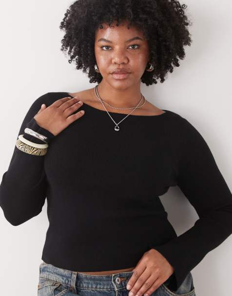 COLLUSION plus knitted slash neck long sleeve top in black - view 1