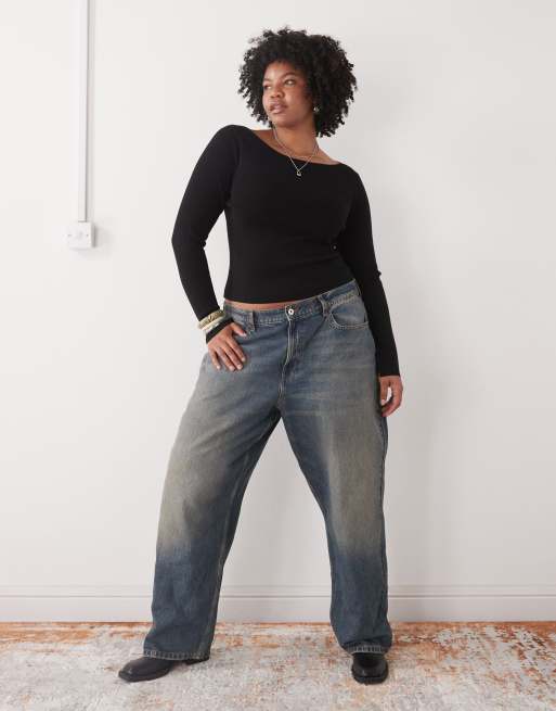 COLLUSION plus knitted slash neck long sleeve top in black, 4 of 4