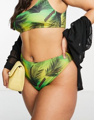 Plus leaf print high waist high leg bikini bottom in green - MGREEN