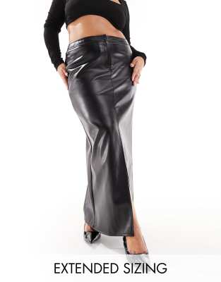 Plus leather look maxi column skirt in black