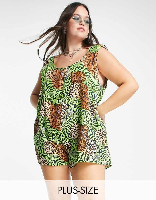 Collusion - plus leopard print open side playsuit in multi