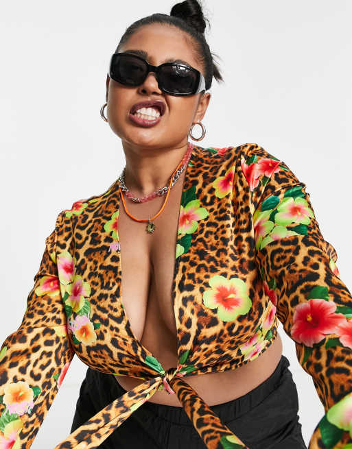 COLLUSION Plus leopard print satin tie front blouse, 3 of 4