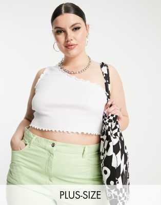 Collusion Lettuce Edge One Shoulder Top With Short Sleeve In White In White