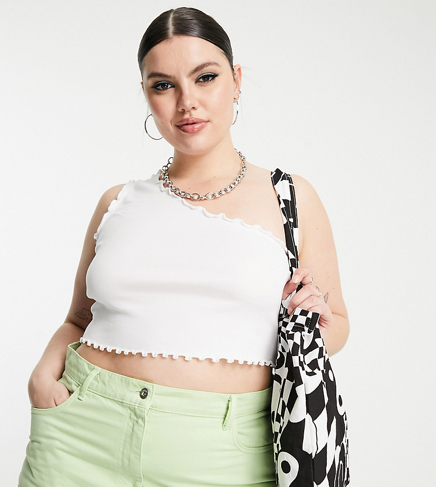 Plus-size top by COLLUSION Exclusive to ASOS One-shoulder style Lettuce-edge trims Cropped length Slim fit