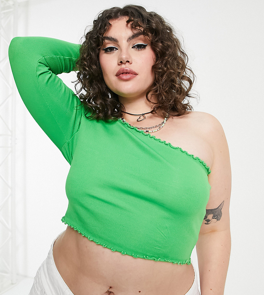 Plus-size top by COLLUSION Exclusive to ASOS One-shoulder style Lettuce-edge trims Cropped length Regular fit