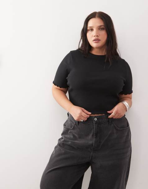 COLLUSION Plus lettuce edge ribbed t-shirt in black - view 1