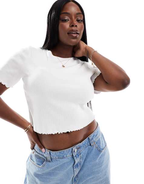 COLLUSION Plus lettuce edge ribbed T-shirt in white - view 1