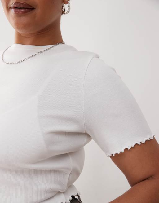 COLLUSION Plus lettuce edge ribbed t-shirt in white, 3 of 4