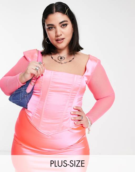 COLLUSION Plus long sleeve corset detail top in pink (part of a set)