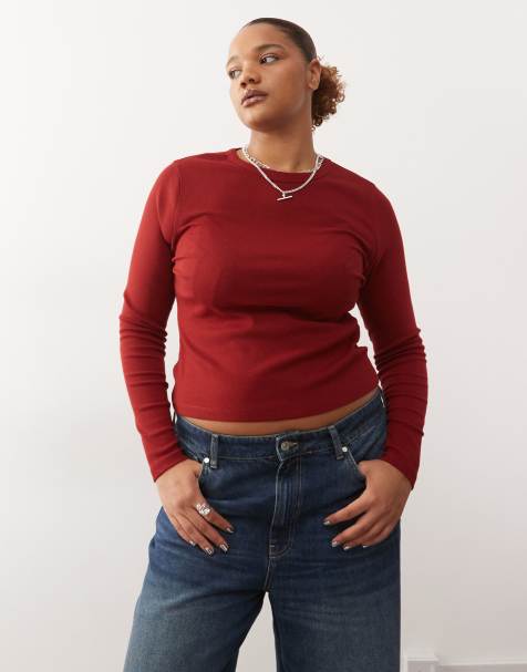 COLLUSION Plus long sleeve fitted t-shirt in burgundy - view 1