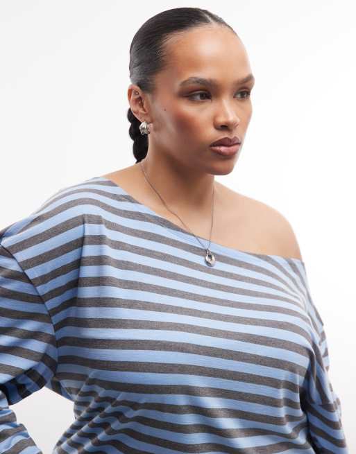 COLLUSION Plus long sleeve off the shoulder stipe top in turquoise and grey stripe, 3 of 4