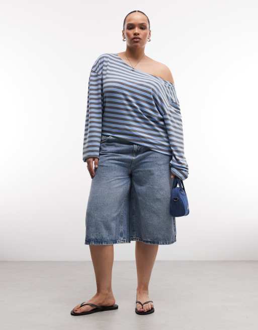 COLLUSION Plus long sleeve off the shoulder top in turquoise and grey stripe, 2 of 4