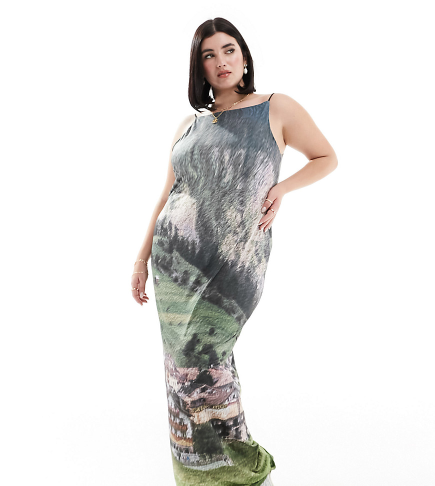 Collusion Plus Maxi Tank Dress With Scenic Print In Multi