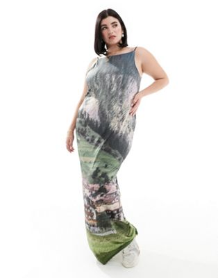 COLLUSION Plus maxi vest dress with scenic print in multi